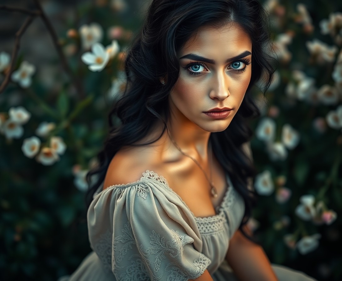 AI generated art for prompt: Hyperrealistically capture an enigmatic Mediterranean woman with mesmerizing blue eyes and cascading