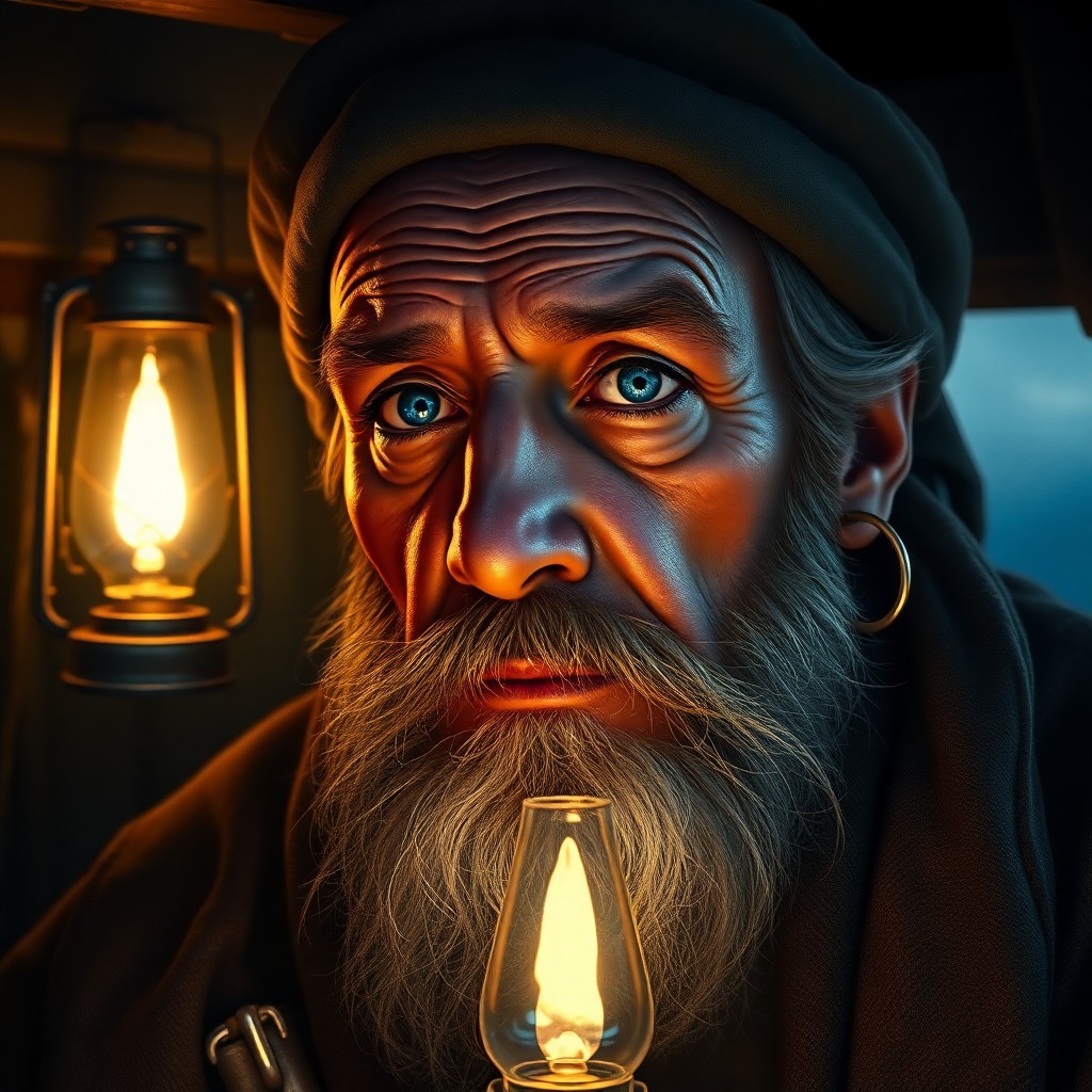 AI generated art for prompt: Envision an ultra-realistic portrait of an ancient sea captain, his soulful gaze and furrowed featur