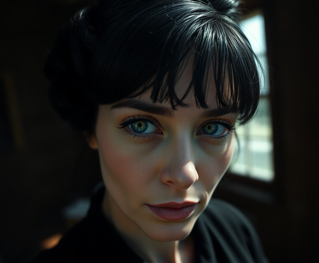 AI generated art for prompt: Imagine a hyperrealistic portrait of an enigmatic Caucasian woman with misty green eyes set against 