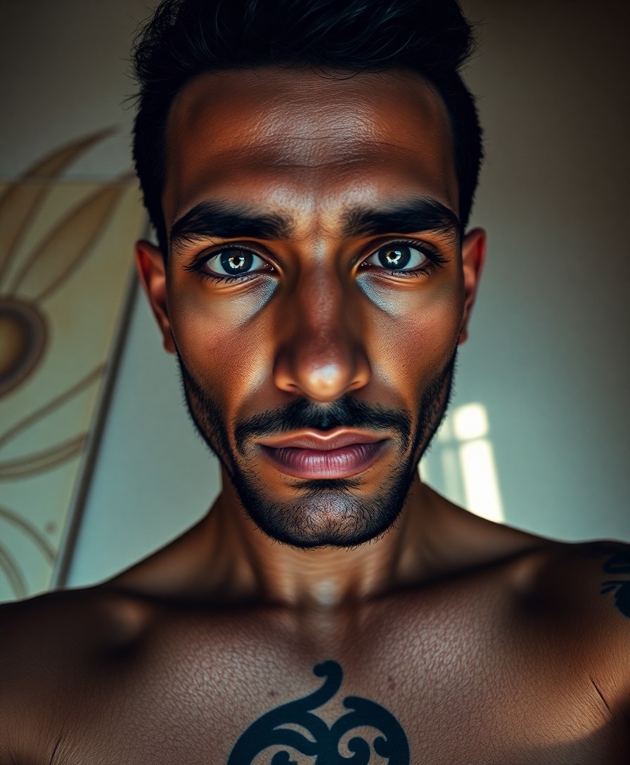 AI generated art for prompt: Craft a photorealistic digital portrait of a captivating North African man with intense sapphire eye