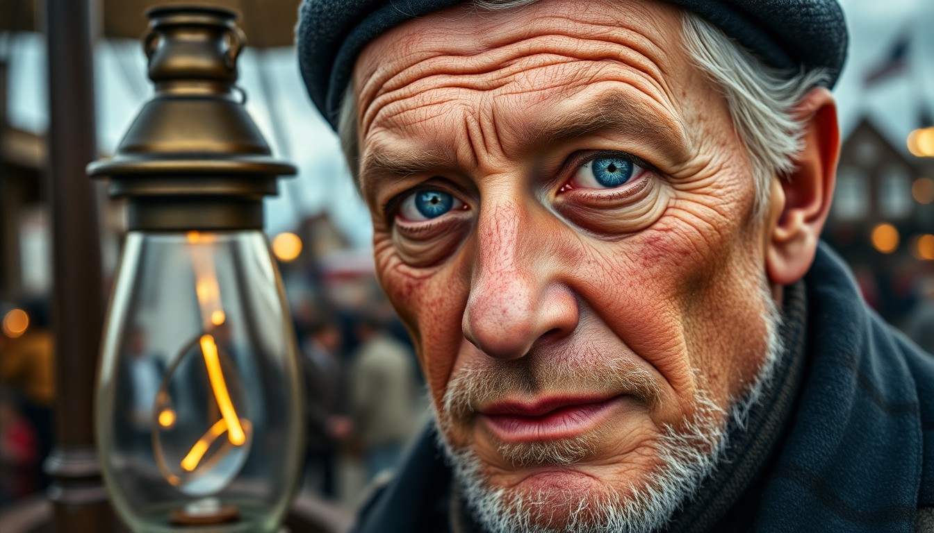 AI generated art for prompt: Craft a photorealistic close-up portrait of an experienced sailor with piercing blue eyes, set amids