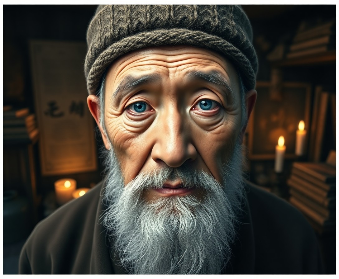 AI generated art for prompt: Visualize an ultra-realistic portrait of a weathered East Asian elder with wise blue eyes and a full