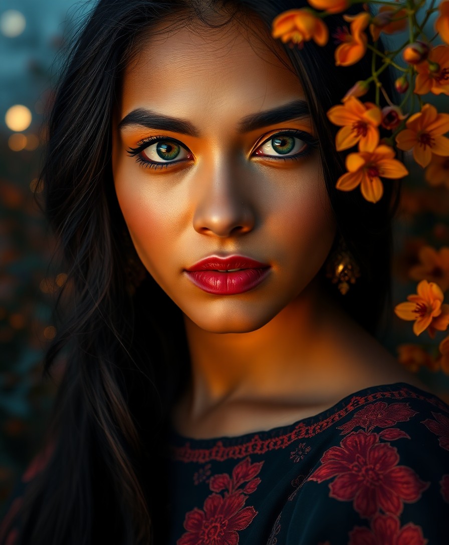 AI generated art for prompt: A captivating close-up portrait of an enigmatic South Asian woman with piercing green eyes and casca