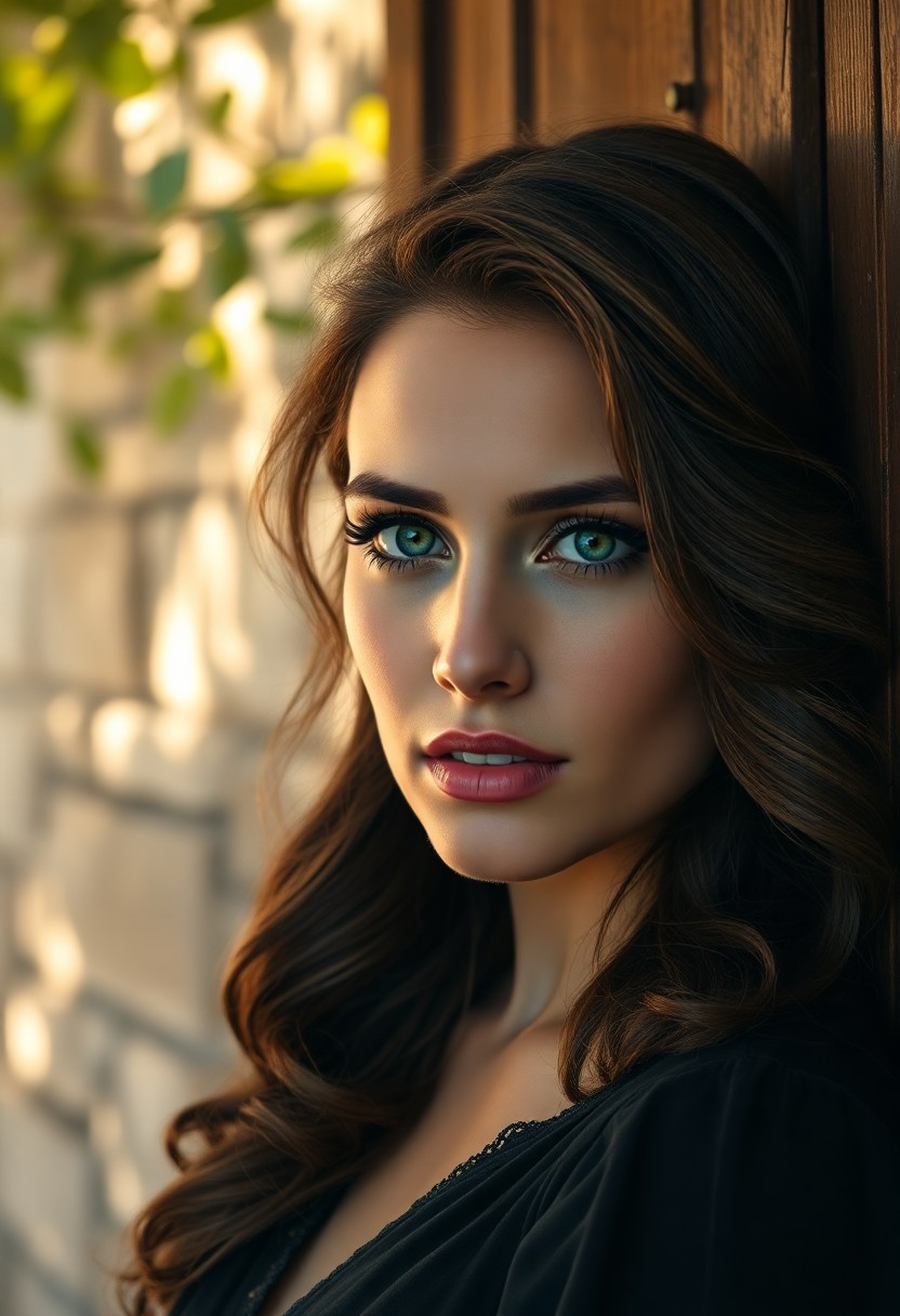 AI generated art for prompt: A photorealistic portrait showcases a Middle Eastern woman with mysterious green eyes, framed by lon