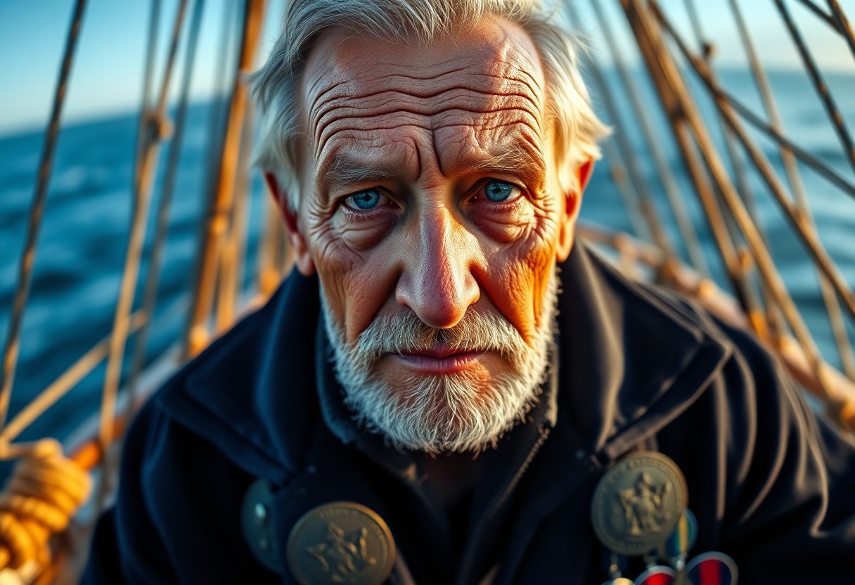 AI generated art for prompt: Craft a photorealistic portrait photograph of an aged sea captain, his face weathered by years at se