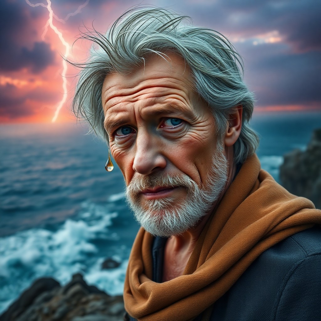 AI generated art for prompt: A photorealistic portrait photograph captures an aged sailor's wisdom and warmth with his piercing b