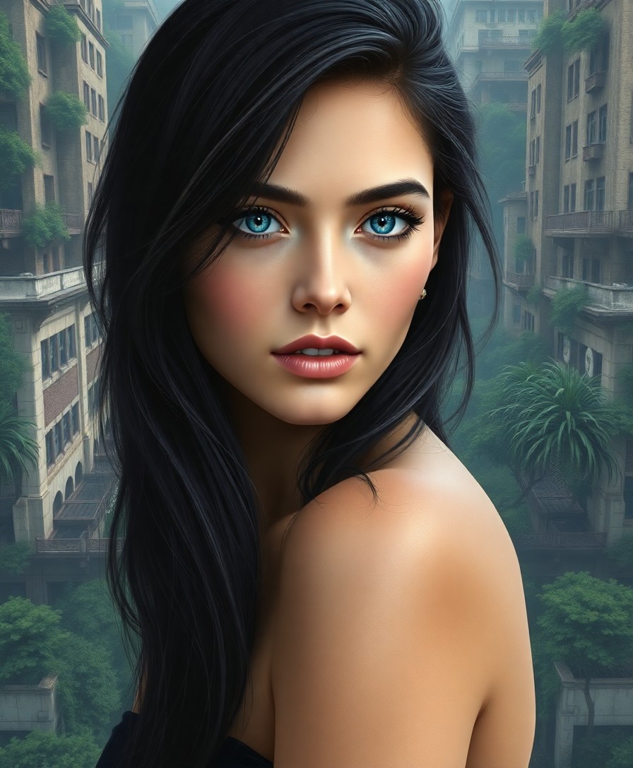 AI generated art for prompt: Render a photorealistic portrait of a young Southern European woman with tender blue eyes and raven-