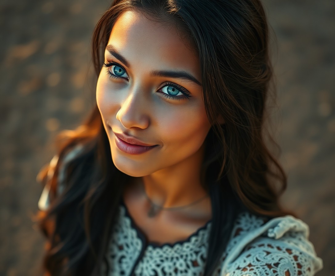 AI generated art for prompt: A hyperrealistic portrait showcases a youthful Polynesian woman with captivating blue eyes and casca