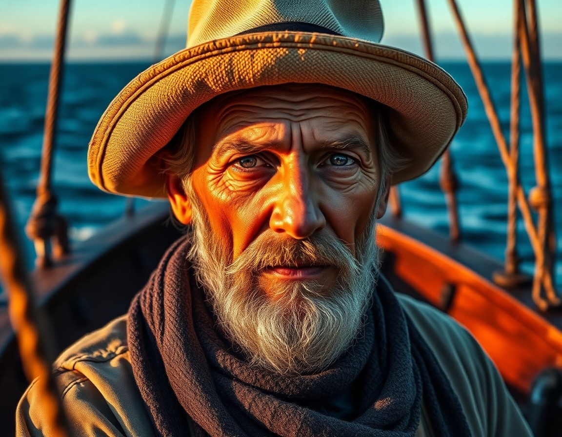 AI generated art for prompt: Aged sailor, his face etched with wisdom and weathered by life's hardships, stares out from beneath 