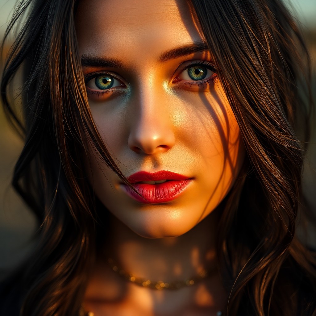 AI generated art for prompt: Craft a photorealistic close-up portrait of an Eastern European woman with soft green eyes and dark,