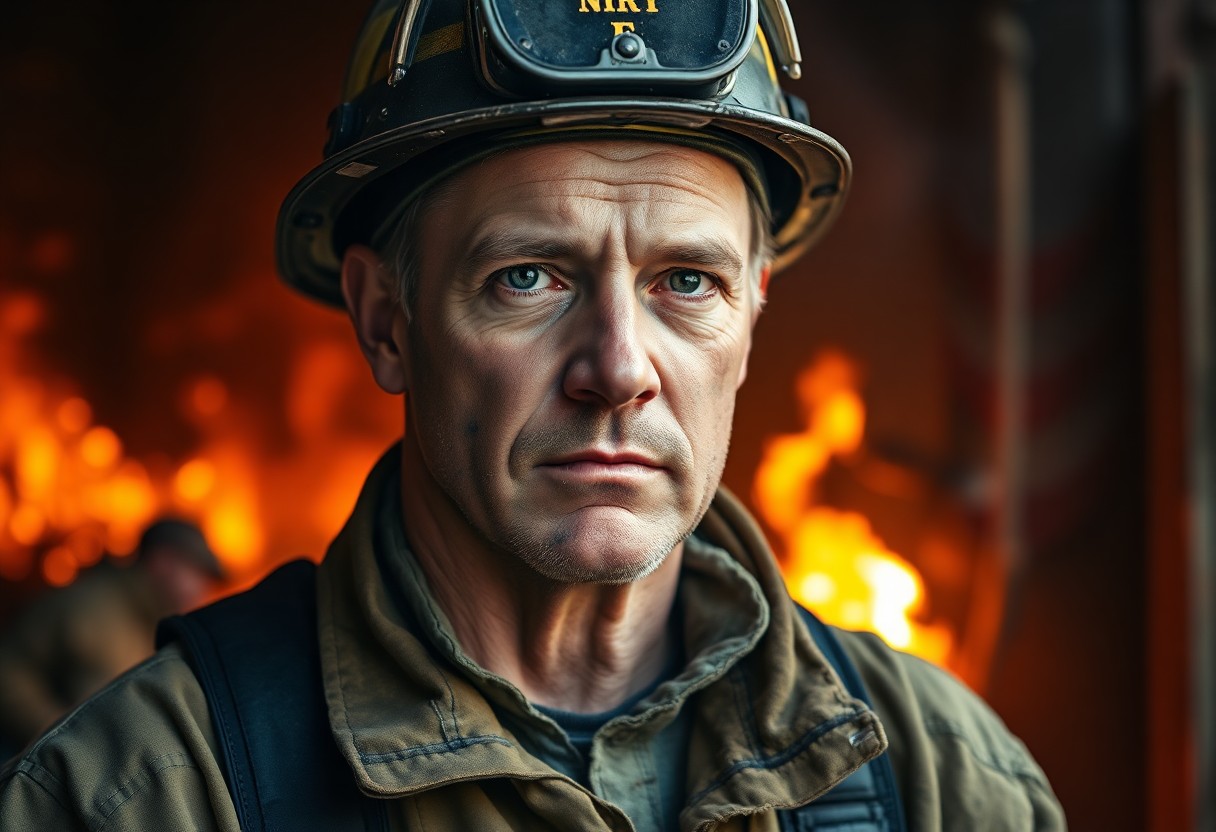 AI generated art for prompt: A seasoned firefighter stands resolute amidst a smoldering fire scene, his soot-stained face and tat