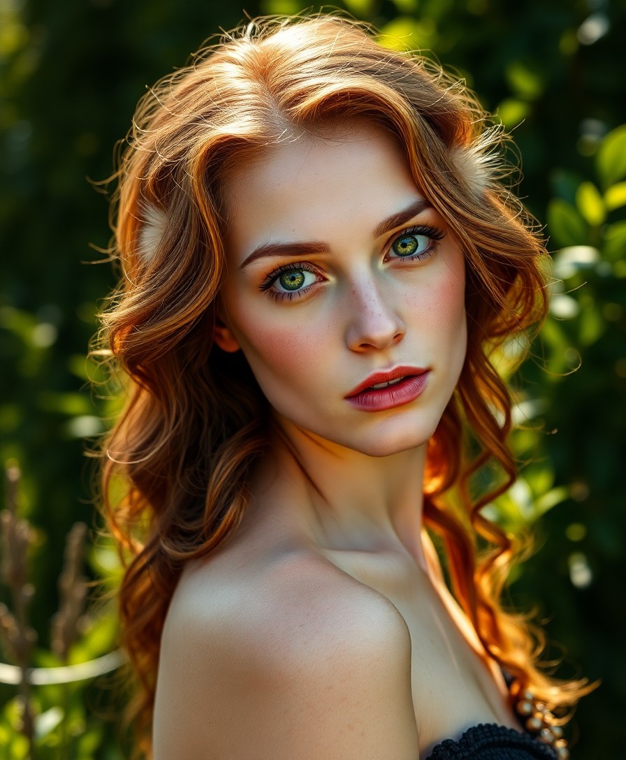 AI generated art for prompt: Photorealistic portrait of an enigmatic Nordic woman with cascading auburn curls and piercing emeral