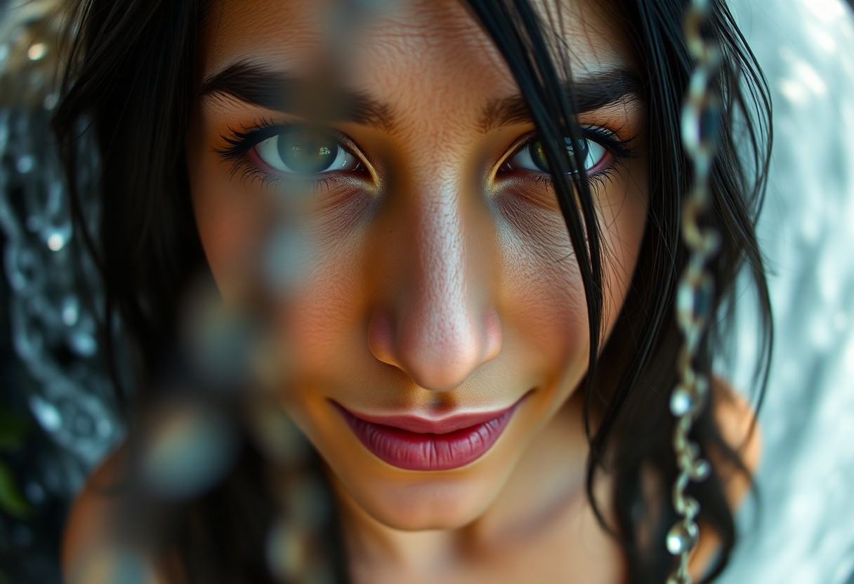 AI generated art for prompt: Craft a captivating close-up portrait of a young Middle Eastern woman with gentle green eyes and lus