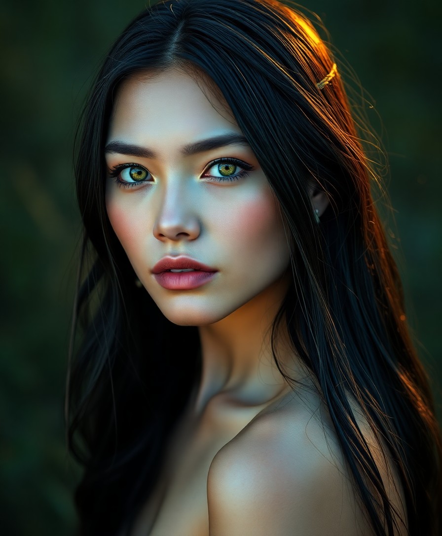 AI generated art for prompt: Envision a photorealistic portrait of a youthful Native American woman, her porcelain complexion and