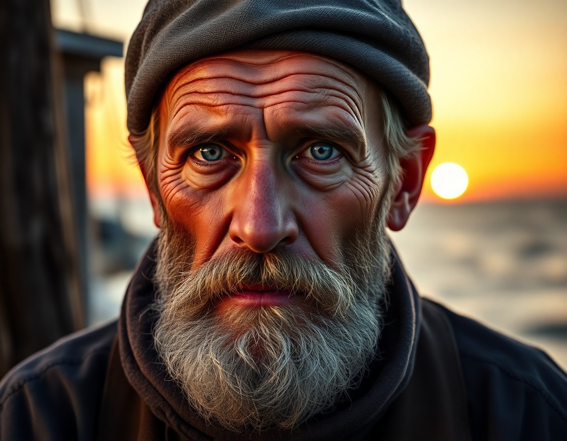 AI generated art for prompt: Envision a portrait of a weathered middle-aged fisherman with piercing blue eyes and a graying beard