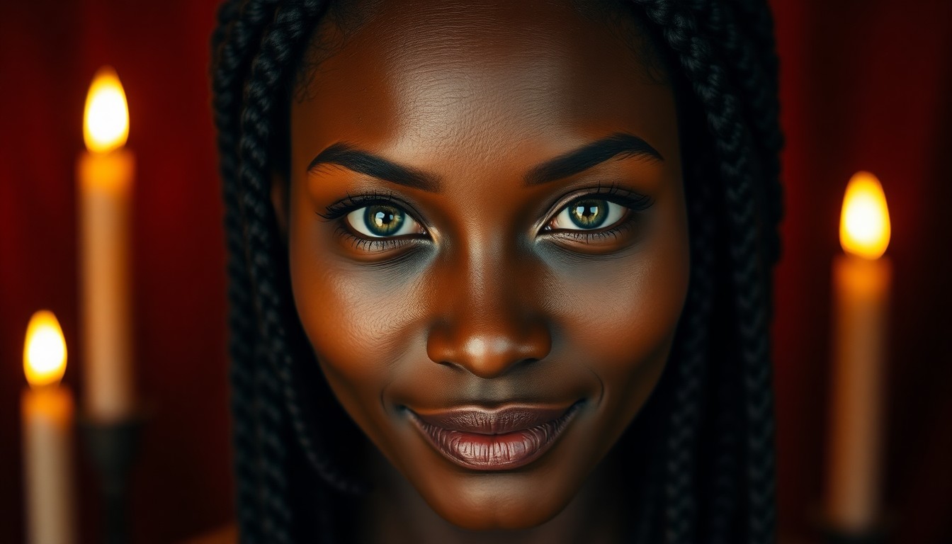 AI generated art for prompt: Envision a captivating portrait photograph, an enigmatic Caribbean woman with tranquil green eyes se