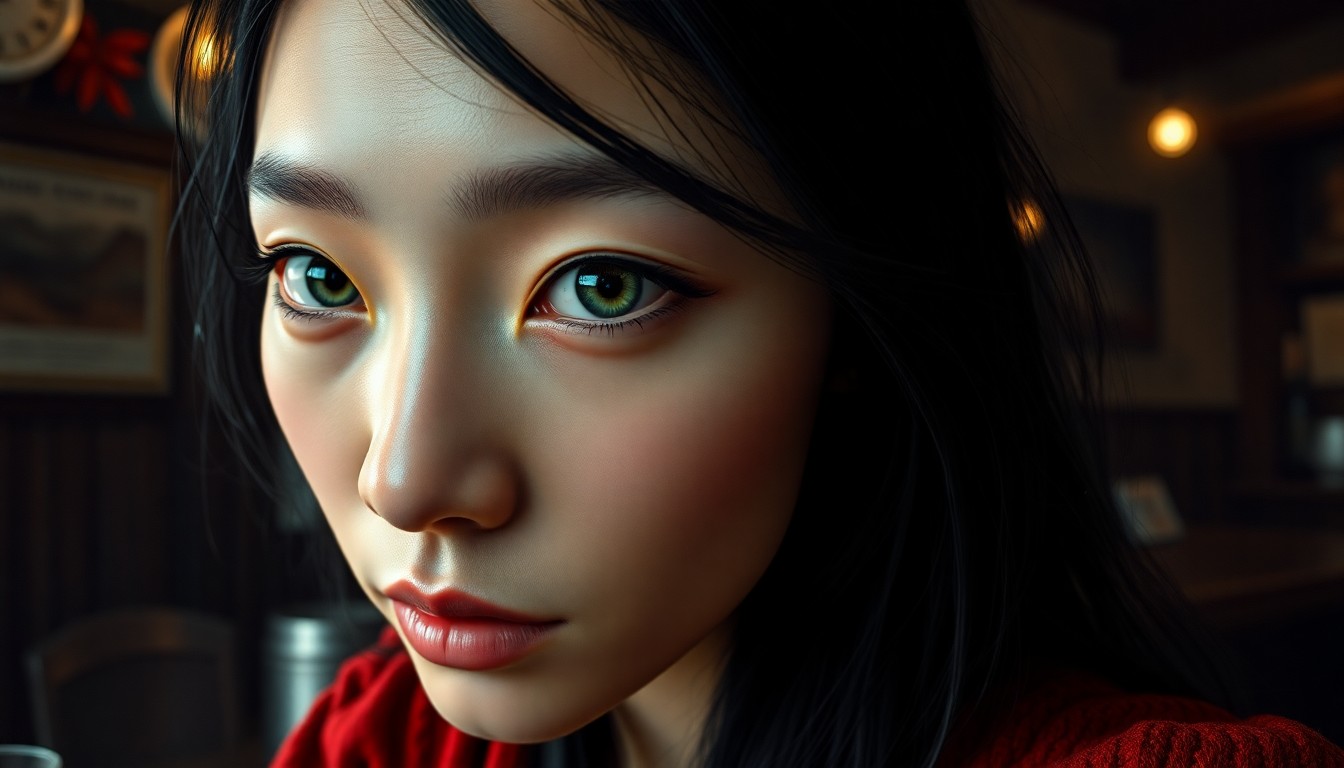 AI generated art for prompt: A hyperrealistic digital painting portrays an East Asian woman with unfocused green eyes and raven h