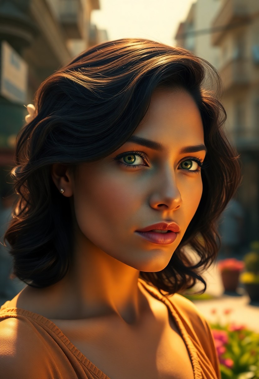 AI generated art for prompt: A highly realistic portrait of a Hispanic woman with melancholic green eyes and dark, wavy hair that