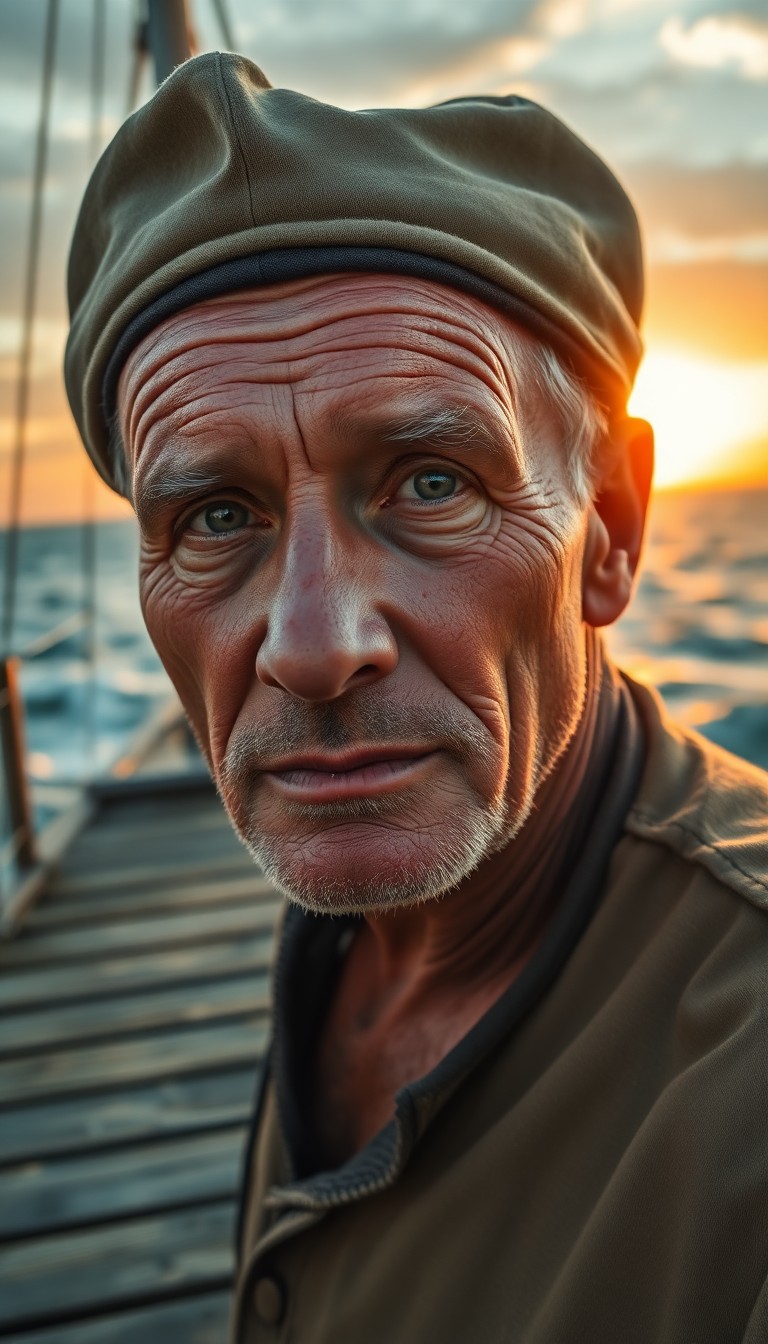 AI generated art for prompt: Envision a highly realistic portrait of an experienced sailor with sun-kissed skin adorned by deep w