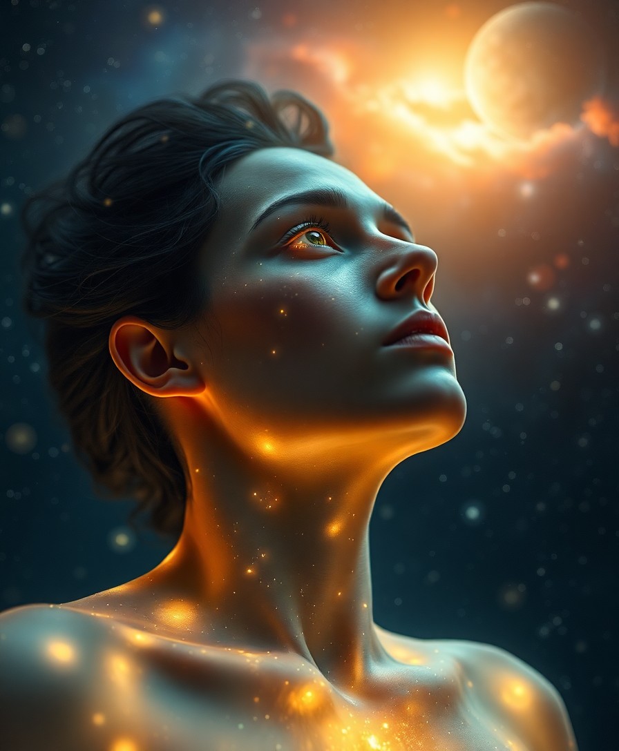 AI generated art for prompt: In a photorealistic portrait, capture the essence of a celestial being bathed in ethereal light, sof