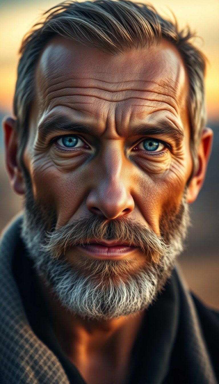 AI generated art for prompt: Craft a hyper-realistic portrait of a captivating middle-aged Eastern European man with piercing blu