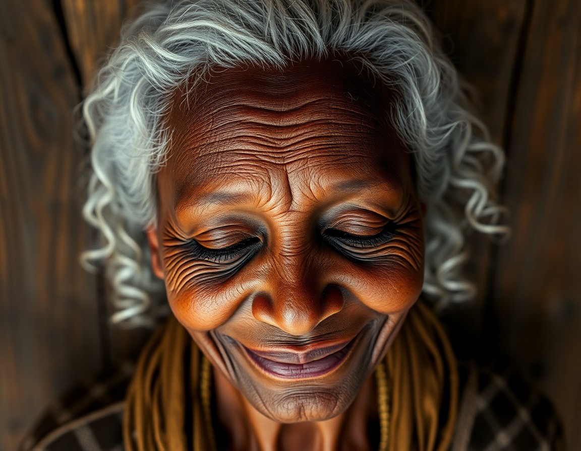 AI generated art for prompt: A hyperrealistic portrait depicts an elderly African woman with a serene aura. Her soft silver hair,