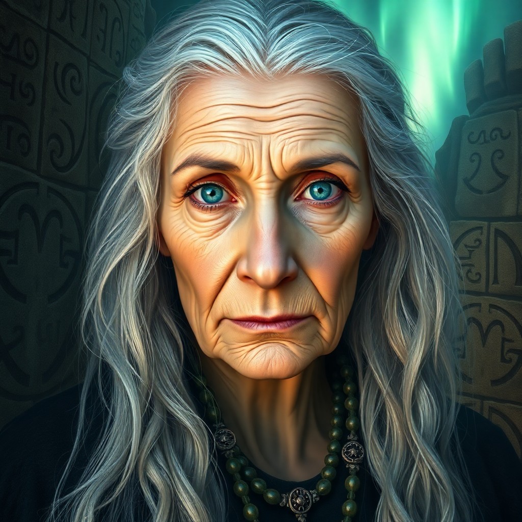 AI generated art for prompt: Craft a hyper-realistic portrait of an elderly seer with deep clouded blue eyes and long silver hair