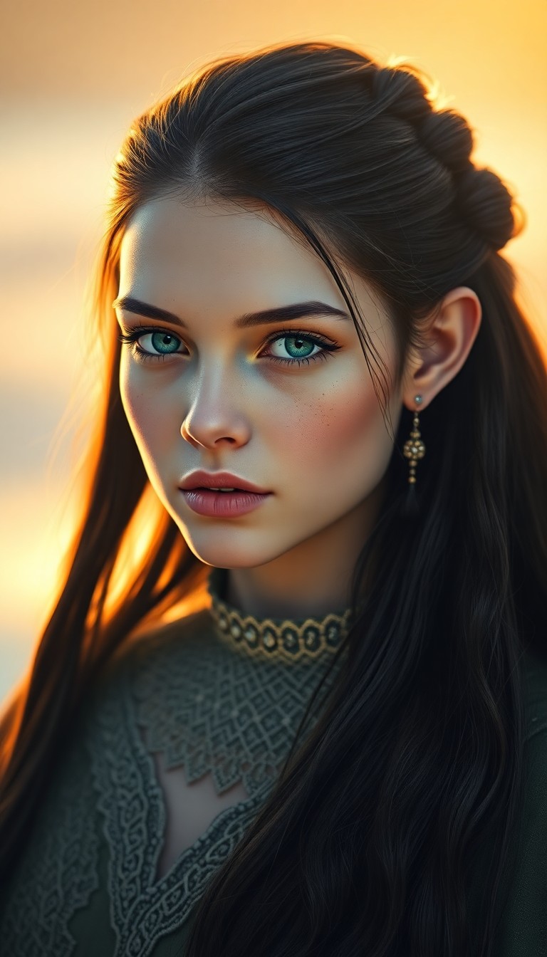 AI generated art for prompt: Generate a captivating photorealistic portrait of a young Inuit woman with porcelain skin and long, 