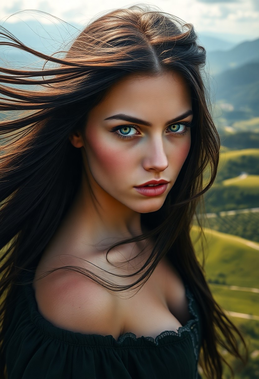 AI generated art for prompt: Craft a hyperrealistic portrait with an aerial perspective of a captivating Western European woman a