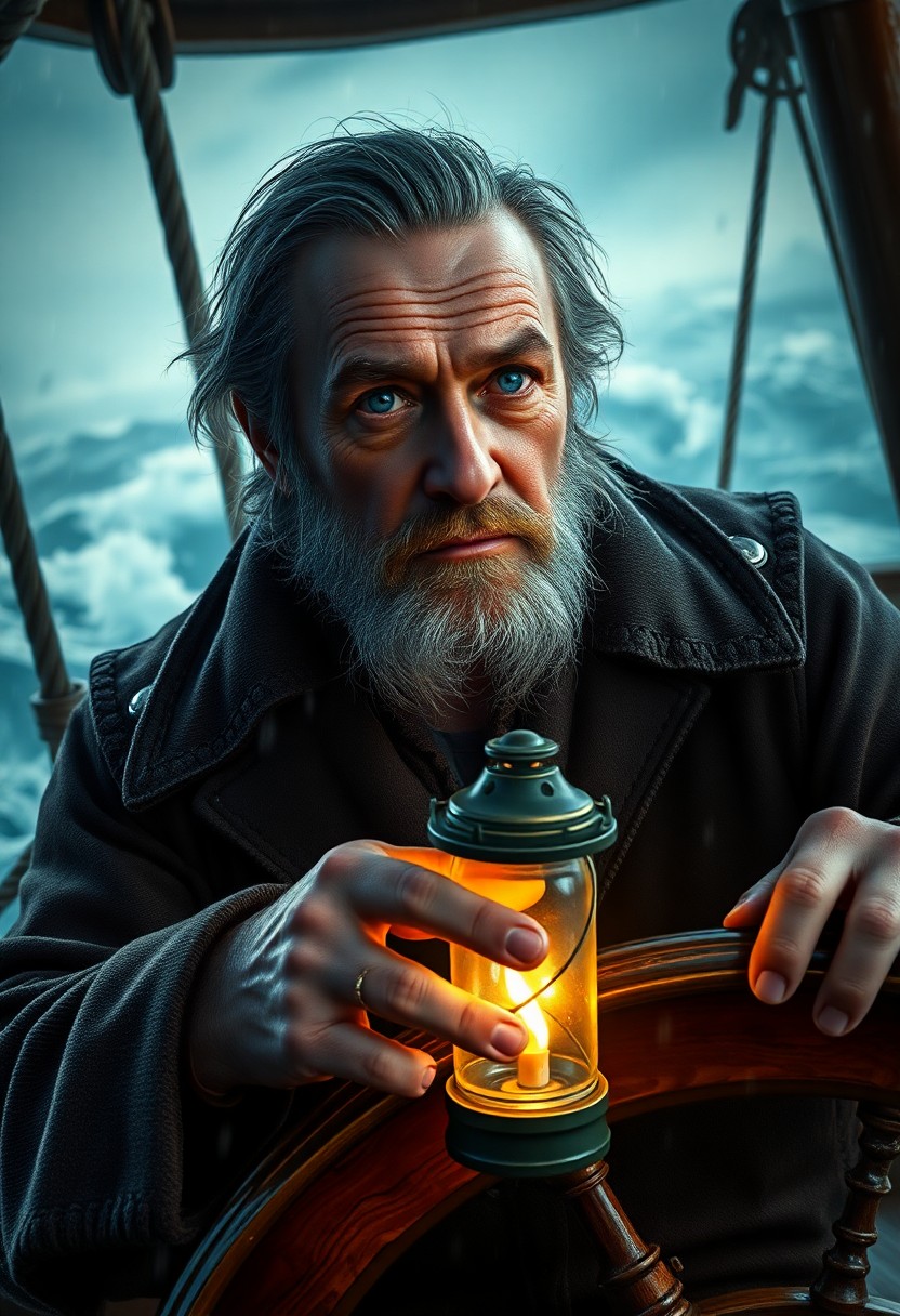 AI generated art for prompt: Envision a detailed photorealistic portrait of an aged sea captain with gentle blue eyes and a salt-