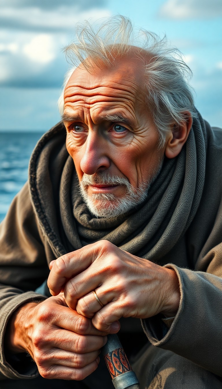 AI generated art for prompt: Craft a high-resolution digital photograph capturing a poignant close-up portrait of an aged fisherm