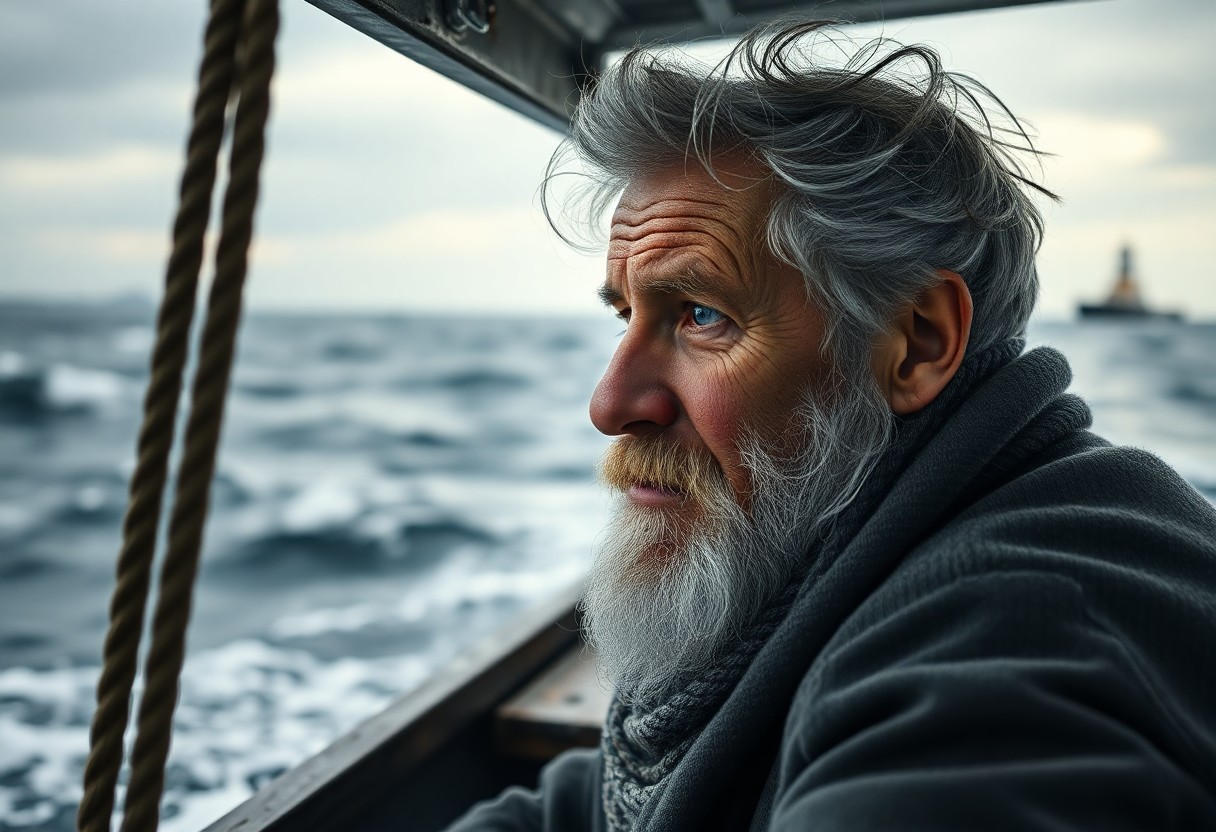 AI generated art for prompt: Craft a hyper-realistic portrait of a 70-year-old fisherman, his sun-worn skin and compassionate blu