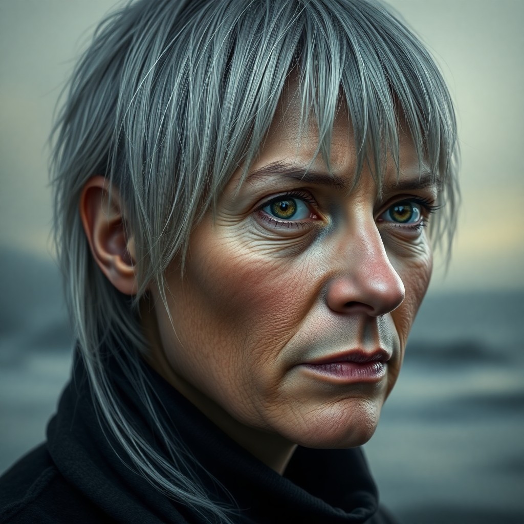 AI generated art for prompt: Create an enigmatic photorealistic portrait of an individual with striking silver hair and hazel eye