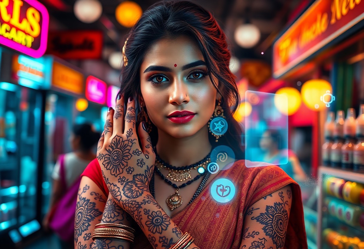 AI generated art for prompt: Create a photorealistic portrait of a South Asian woman adorned with intricate henna tattoos on her 