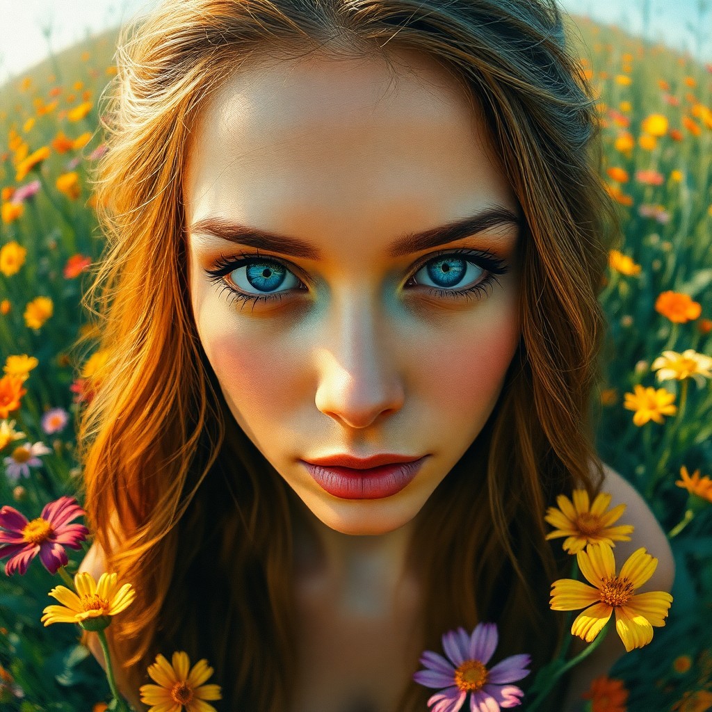 AI generated art for prompt: Create a captivating portrait of an Amazonian woman with warm blue eyes and long, wavy chestnut hair