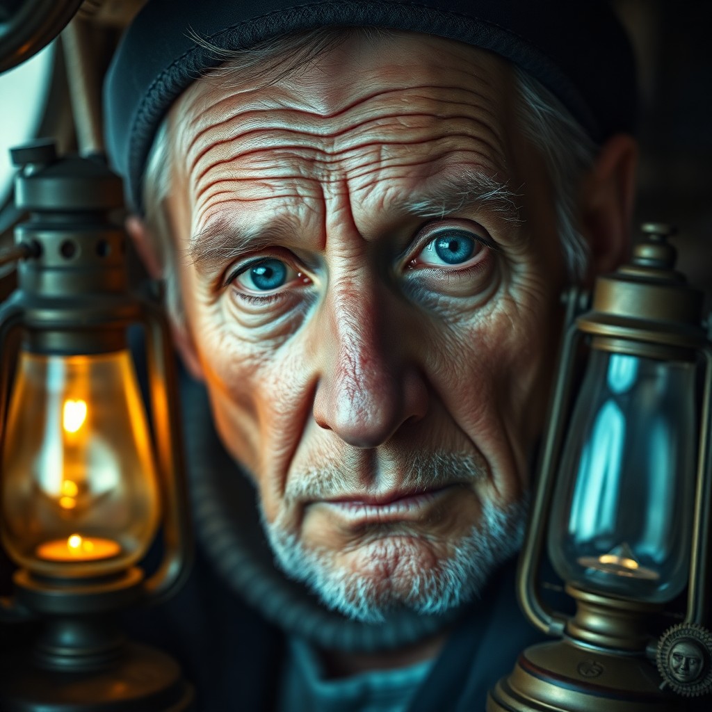 AI generated art for prompt: Imagine a close-up portrait of an aged sailor, his intense blue eyes standing out amidst a visage we