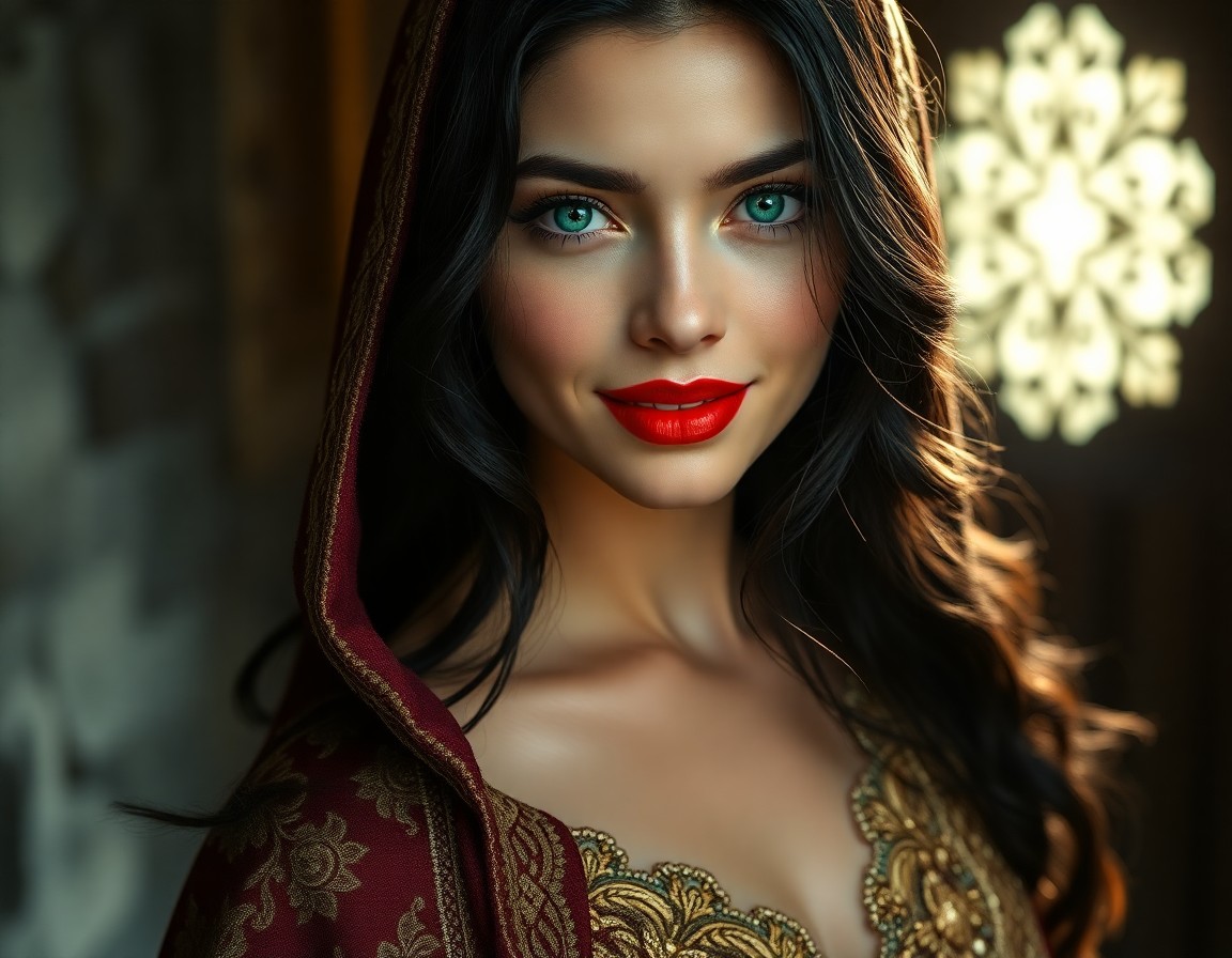 AI generated art for prompt: A DSLR portrait captures an ethereal beauty's enigmatic allure with piercing emerald eyes and cascad