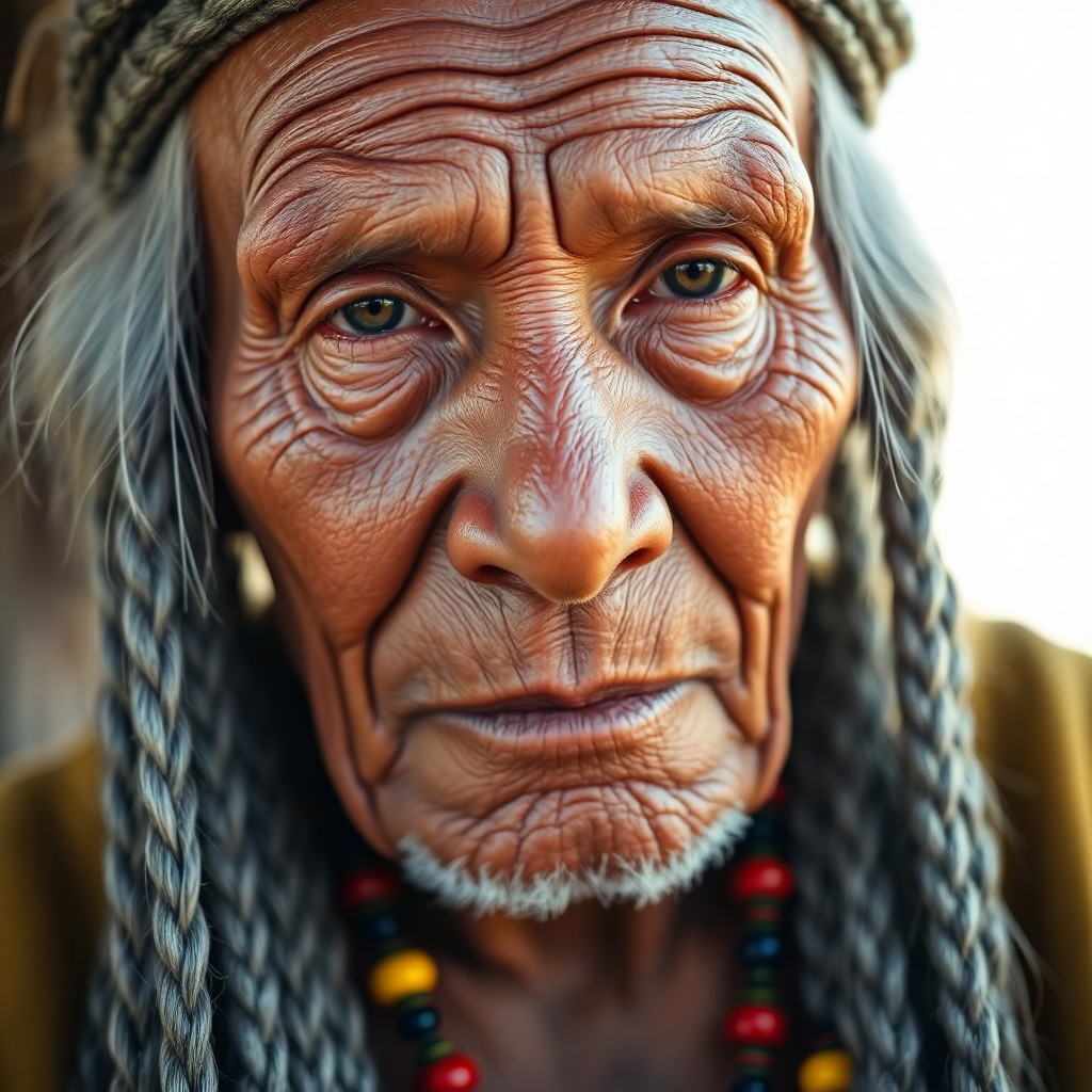 AI generated art for prompt: Craft a photorealistic portrait of an elderly Native American South Asian man, capturing his profoun