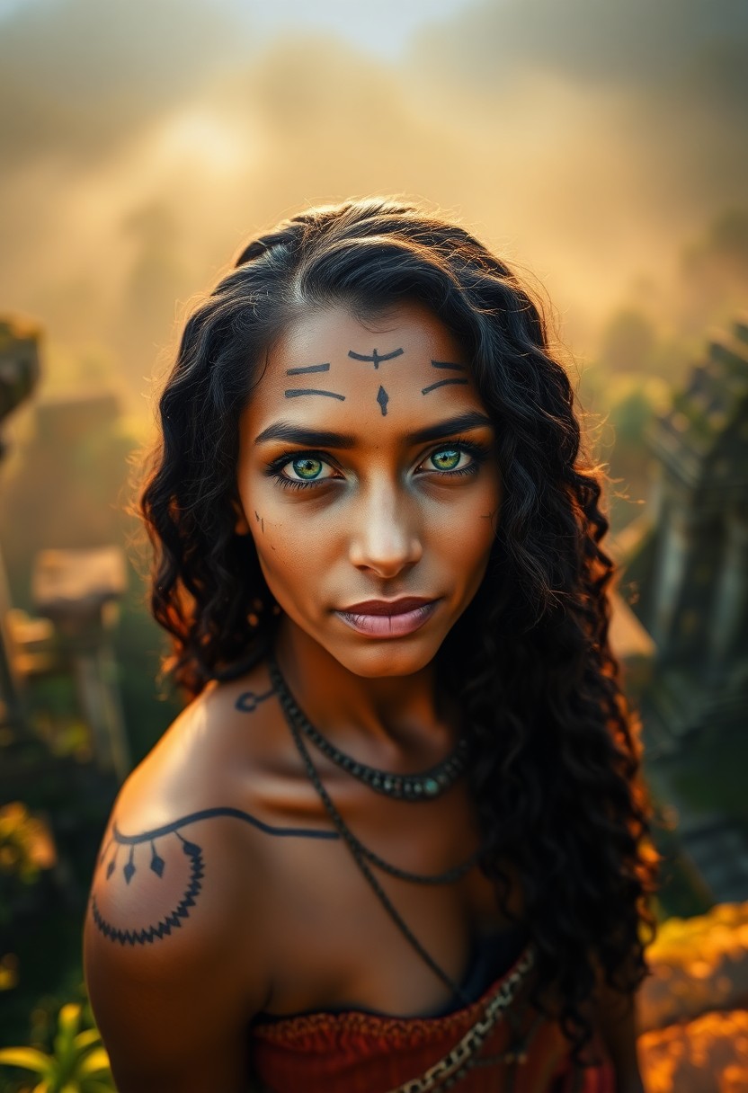 AI generated art for prompt: Craft an ultra-realistic portrait of a Melanesian woman with soft green eyes and dark, wavy locks ad