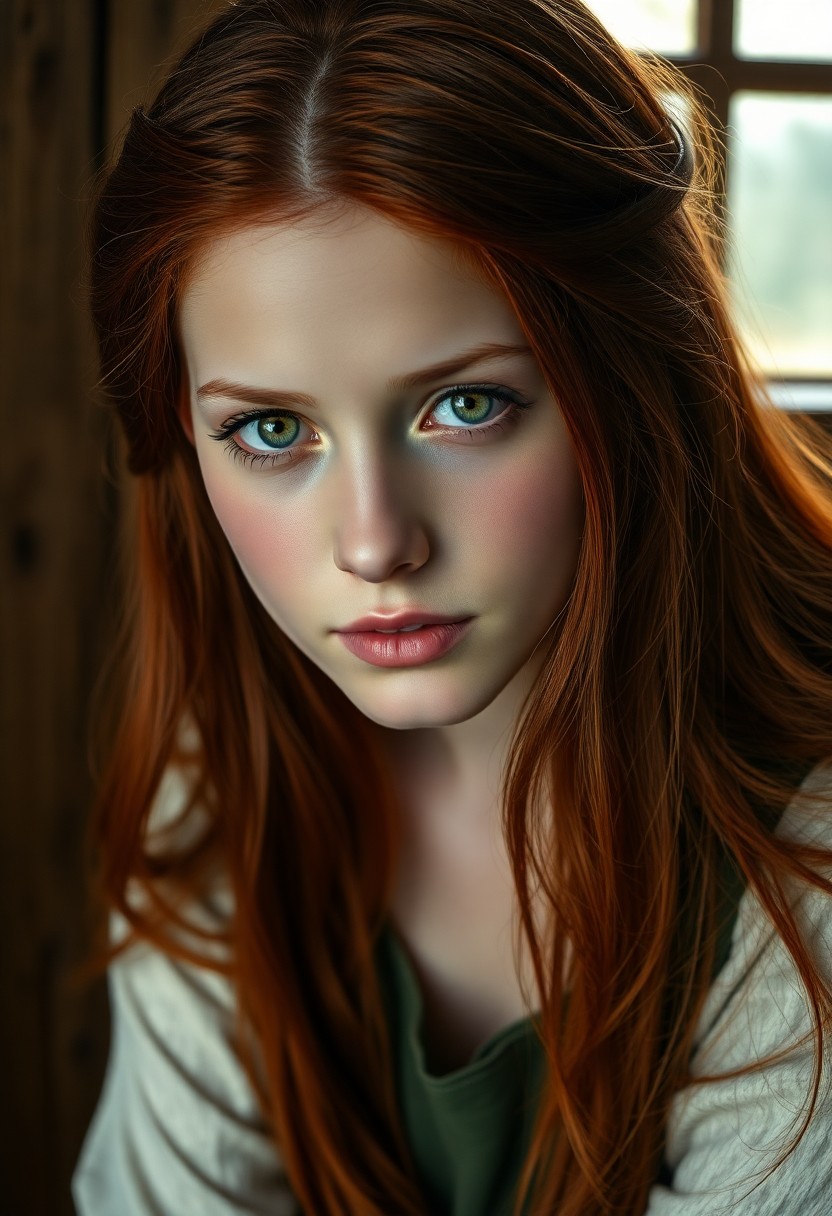 AI generated art for prompt: Create a photorealistic portrait of a young Celtic woman with dreamy green eyes and vibrant red hair