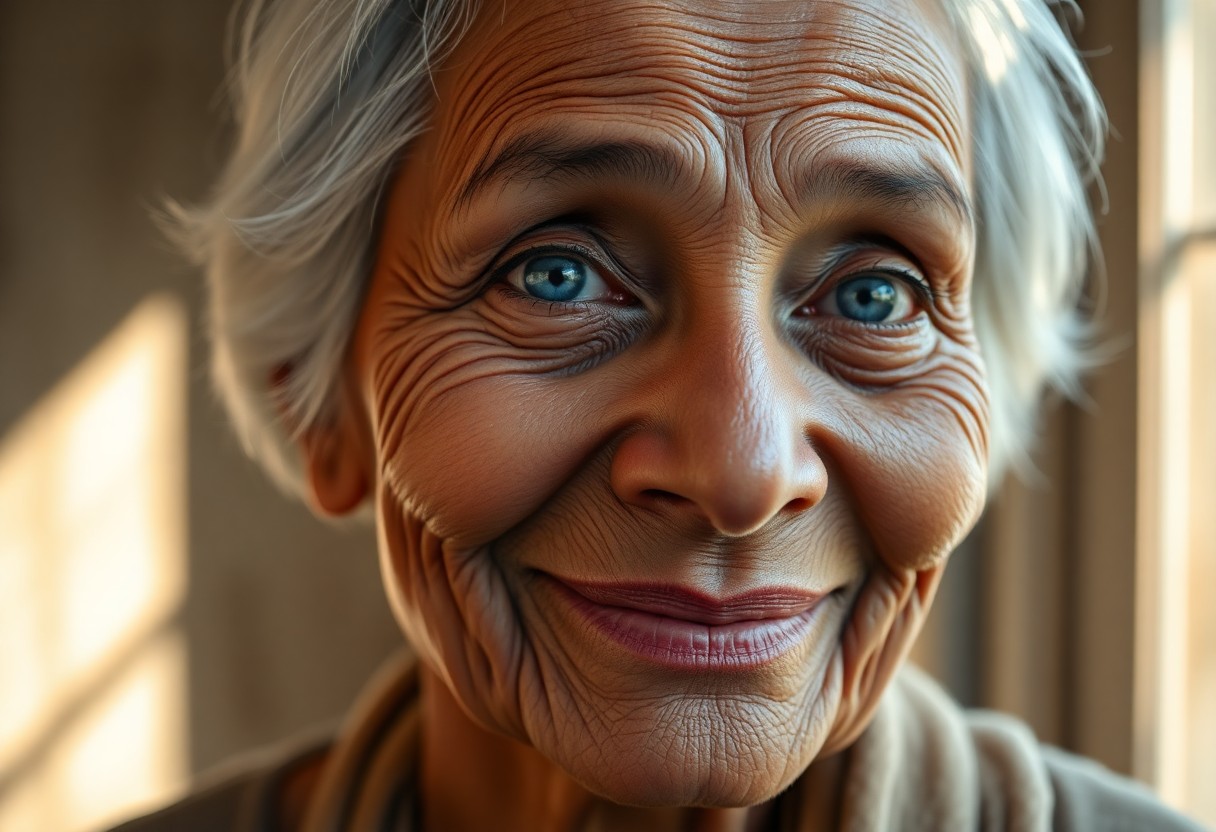 AI generated art for prompt: Craft an ultra-realistic portrait showcasing a close-up of an elderly South Asian woman with wise bl