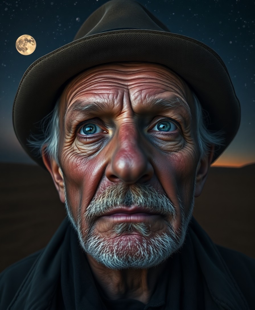 AI generated art for prompt: A striking super-realistic portrait of an old explorer, his face weathered and rugged, eyes piercing