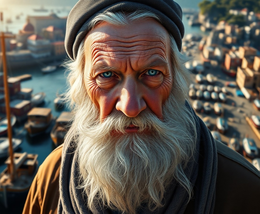 AI generated art for prompt: A captivating hyperrealistic portrait showcases an enduring old sailor with compassionate blue eyes,