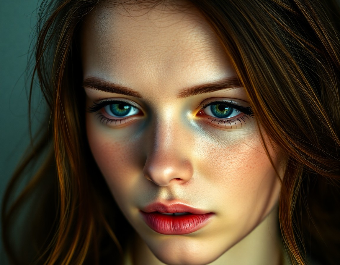 AI generated art for prompt: Create a fine art portrait of a young Nordic woman with cascading chestnut waves framing her face an