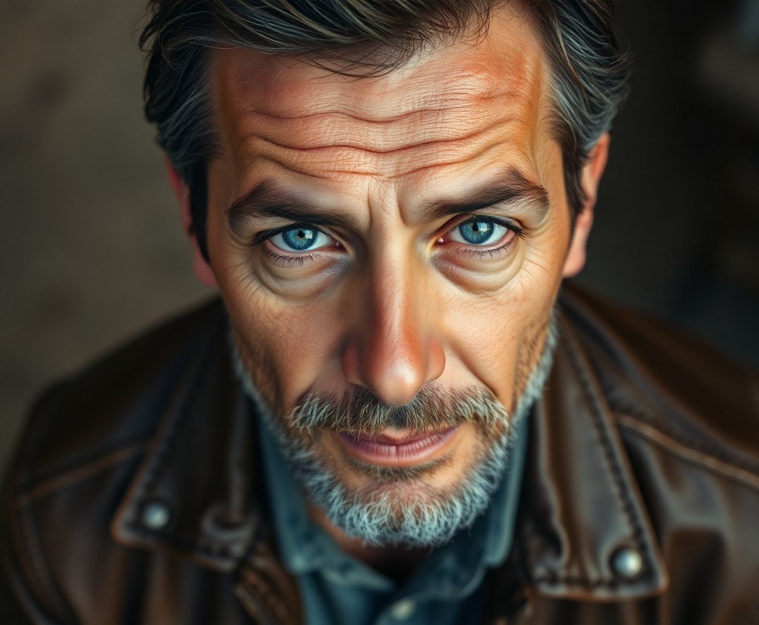 AI generated art for prompt: A super-realistic portrait of a middle-aged Hispanic man with weathered skin, tender blue eyes, and 