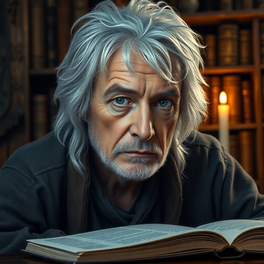 AI generated art for prompt: A superrealistic portrait captures an aged sage with piercing emerald eyes. His silver hair is tousl