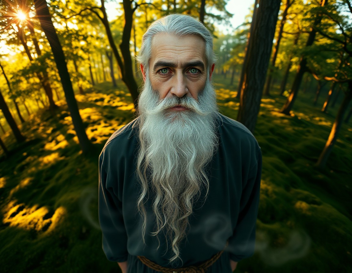 AI generated art for prompt: Imagine a photorealistic portrait of an aged Celtic man with a serene expression. His tranquil green