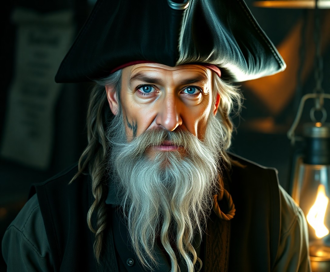 AI generated art for prompt: Create a super-realistic portrait of a seasoned pirate captain. Weathered, his face bears the marks 