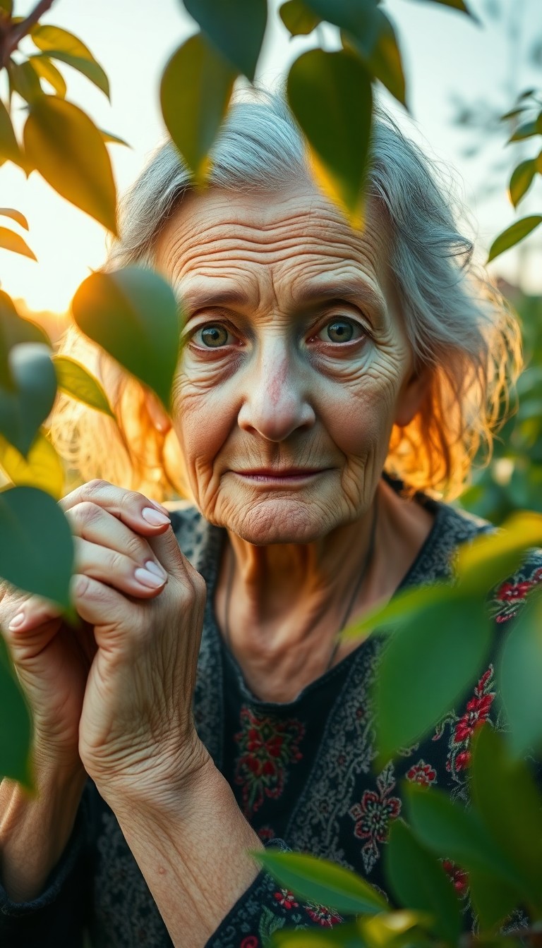 AI generated art for prompt: Photograph an enchanting elderly Caucasian woman with a captivating gaze and weathered features in h