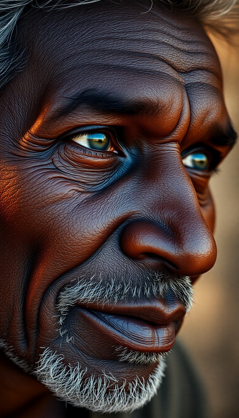 AI generated art for prompt: Create an image of a middle-aged African man with rugged features and warm, blue eyes. This dramatic